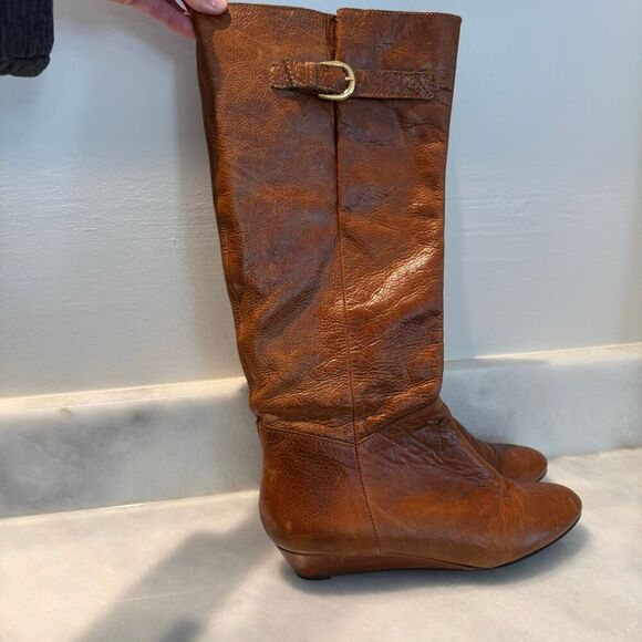 STEVEN by Steve Madden Leather Intyce Low Wedge Riding Boots Tan Size 7M - Picture 2 of 9